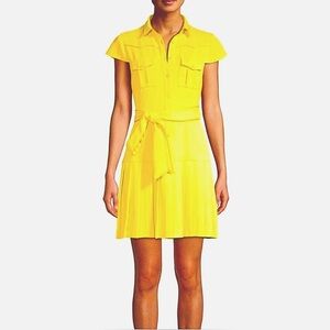 Alice + Olivia Yellow Short Sleeve Dress with Pleated Skirt & Tie Belt